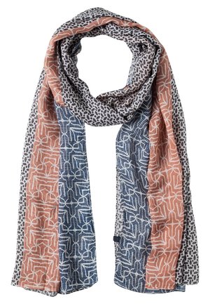 Schal mit grau-schwarzem gepunktetem Muster, oben geschlungen, mit wechselnden blauen und orangen Abschnitten und weißen geometrischen Designs.