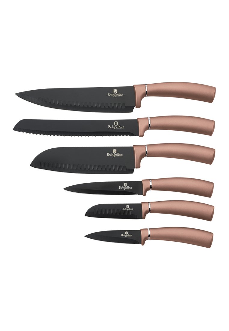 Set aus sechs BerlingerHaus Küchenmessern mit schwarzen Klingen und ergonomischen bronzefarbenen Griffen, einschließlich gezackter und gerader Klingen für verschiedene Anwendungen.