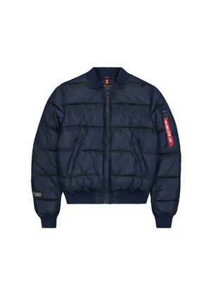 Veste bomber matelassée bleu marine avec zip à l'avant, col et bords-côtes, deux poches pour les mains et une poche sur la manche avec zip rouge.