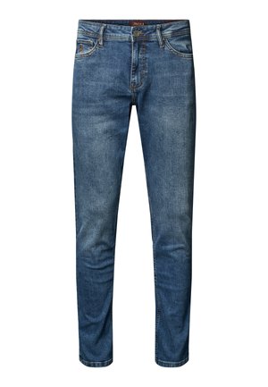 Pantalones vaqueros de mezclilla azul con un ajuste slim, que cuentan con cinco bolsillos, costuras visibles y un cierre de botón. Textura suave con un acabado desgastado.