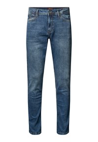 Siniset farkut, joissa edessä nappi- ja vetoketjukiinnitys, viisi taskua, suora lahkeen leikkaus ja hillityt haalistumisefektit.