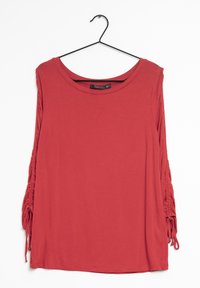 Červený dlouhý rukáv top s kulatým výstřihem a nařasením na rukávech. Vyroben z měkké tkaniny s hladkým povrchem.