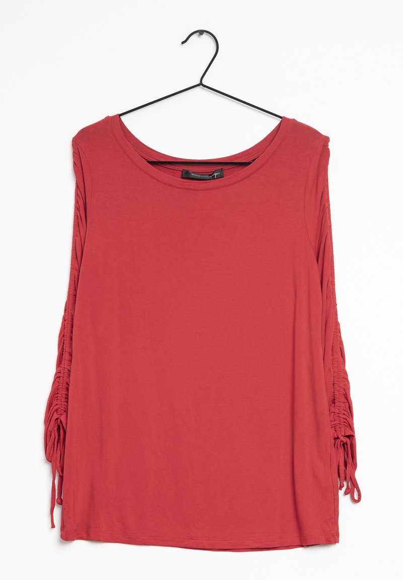 Červený dlouhý rukáv top s kulatým výstřihem a nařasením na rukávech. Vyroben z měkké tkaniny s hladkým povrchem.