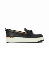 Black leather slip-on shoe with a rounded toe, featuring a textured upper, white platform sole, and gold accent on the heel.
