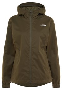 Tumman oliivinvihreä huppari-takki, jossa on etuvetoketju, elastiset hihansuut, sivutaskut ja valkoinen The North Face -logo rinnassa.