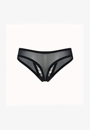 Sorte mesh trusser med et gennemsigtigt stof og sorte blonder. Har en glat talje og kontrasterende kant langs siderne.