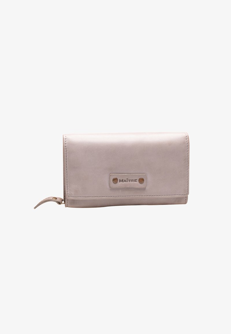 Portafoglio in pelle grigio chiaro con una superficie liscia, forma rettangolare e una targhetta con logo frontale con due dettagli metallici. Dettaglio con zip sul lato.