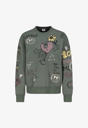 Green sweatshirt with a crew neck; features various colorful, playful graphics including hearts, flowers, and text in contrasting colors.