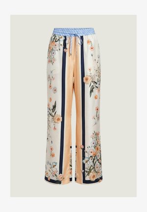 Spodnie o szerokich nogawkach z pionowymi paskami w kolorze granatowym i brzoskwiniowym, jasnoniebieska elastyczna talia oraz kwiatowy wzór w delikatnych pastelowych kolorach.