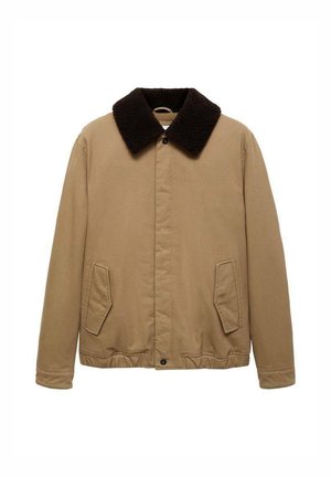Brown fabric jacket with a textured dark brown collar, two side pockets, button closure, and an elasticized hem at the bottom.