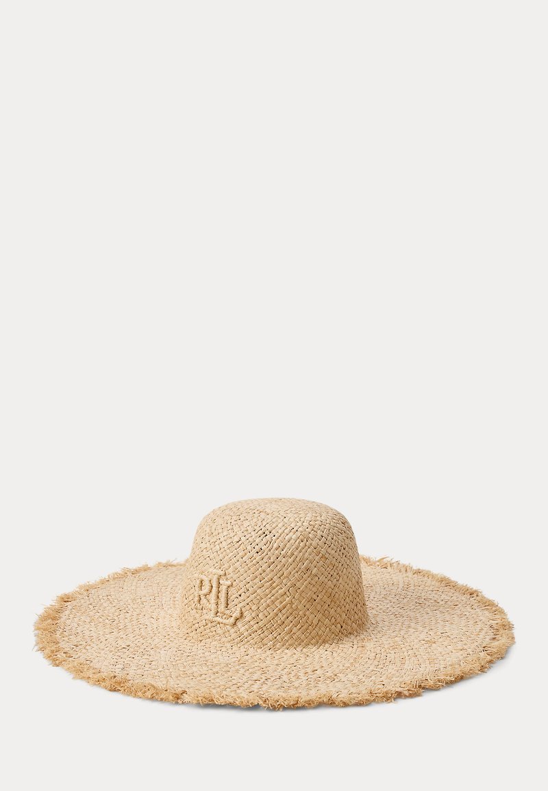 Chapeau de soleil en paille à larges bords avec bords effilochés et initiales tissées "RL" sur le devant, présenté sur un fond clair uni.