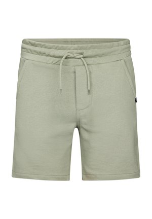 Jasnozielone, codzienne szorty z elastycznym pasem, regulowanym sznurkiem, bocznymi kieszeniami i małą czarną metką po prawej stronie.