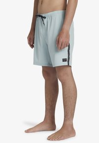 Shorts de bain bleu clair avec une taille élastique et un cordon de serrage noir. Présente une rayure latérale à motif et une petite étiquette de logo.