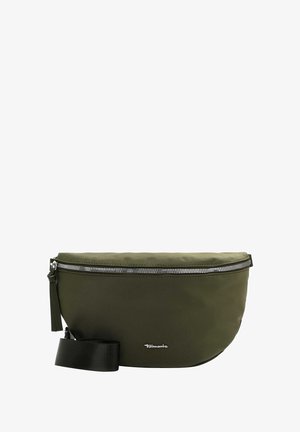 Oliīvzaļš neilona soma ar rāvējslēdzēju, noapaļota forma un regulējama melna siksna. Priekšpusē ir neliela logo.