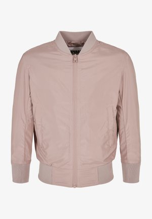 Veste bomber rose clair avec col, poignets et ourlet côtelés, fermeture éclair sur le devant et poches latérales, présentée sur fond blanc.