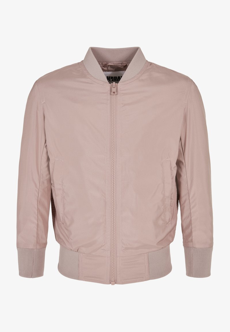 Veste bomber rose clair avec col, poignets et ourlet côtelés, fermeture éclair sur le devant et poches latérales, présentée sur fond blanc.