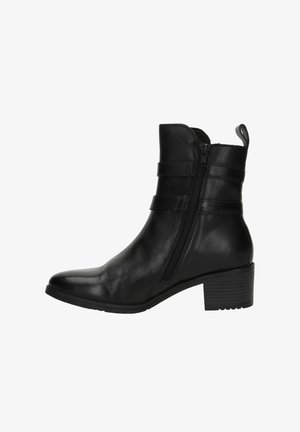 Bottine en cuir noir avec fermeture éclair latérale, deux sangles horizontales, une languette à l’arrière et un talon bas empilé.