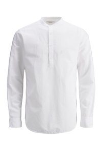 Camicia bianca a maniche lunghe con colletto henley, dotata di abbottonatura, orlo dritto e spacchetti laterali, realizzata in tessuto leggero.