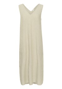 Robe sans manches rayée beige et crème, avec un col en V, deux poches latérales et une silhouette ample et fluide.