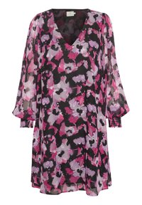 Durchsichtiges Kleid mit V-Ausschnitt, gerafften langen Ärmeln und einem schwarzen Grundton, das mit einem floralen Muster in Rosa, Lila und Weiß verziert ist.