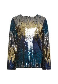 Blusa de manga larga hecha de tela con lentejuelas en dorado, plateado, azul y negro, con un escote redondo y un diseño de corte holgado.
