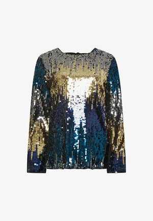 Blusa de manga larga hecha de tela con lentejuelas en dorado, plateado, azul y negro, con un escote redondo y un diseño de corte holgado.