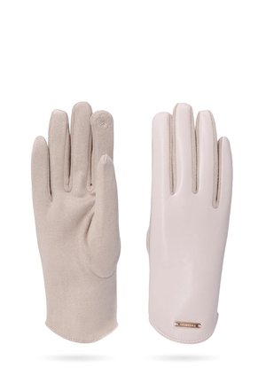 Guanti beige chiaro con palmo in pelle liscia e retro in morbido suede. Presentano un design cucito e un piccolo logo sul polsino.