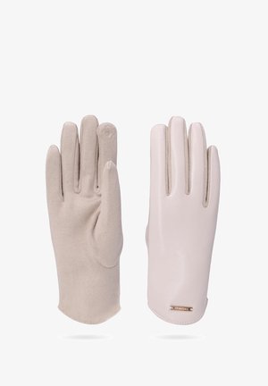 Guanti beige chiaro con palmo in pelle liscia e retro in morbido suede. Presentano un design cucito e un piccolo logo sul polsino.