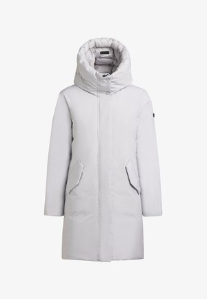 Vaaleanharmaa, pitkä toppatakki korkealla kauluksella ja hupulla, jossa kaksi etutaskua ja sileä, tikattu pinta.