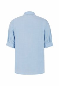 Light blue short-sleeve shirt with a collared neck, featuring a smooth texture and decorative trim at the sleeves.