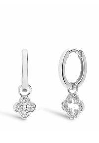 Silver hoop earrings with a flower design, featuring clear crystals set in a floral shape, polished finish, and a smooth texture.