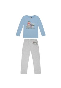 Camiseta de manga larga azul claro con un gráfico de dinosaurio y la palabra "GIGANOTOSAURUS"; pantalones grises con un gráfico a juego en el bolsillo.