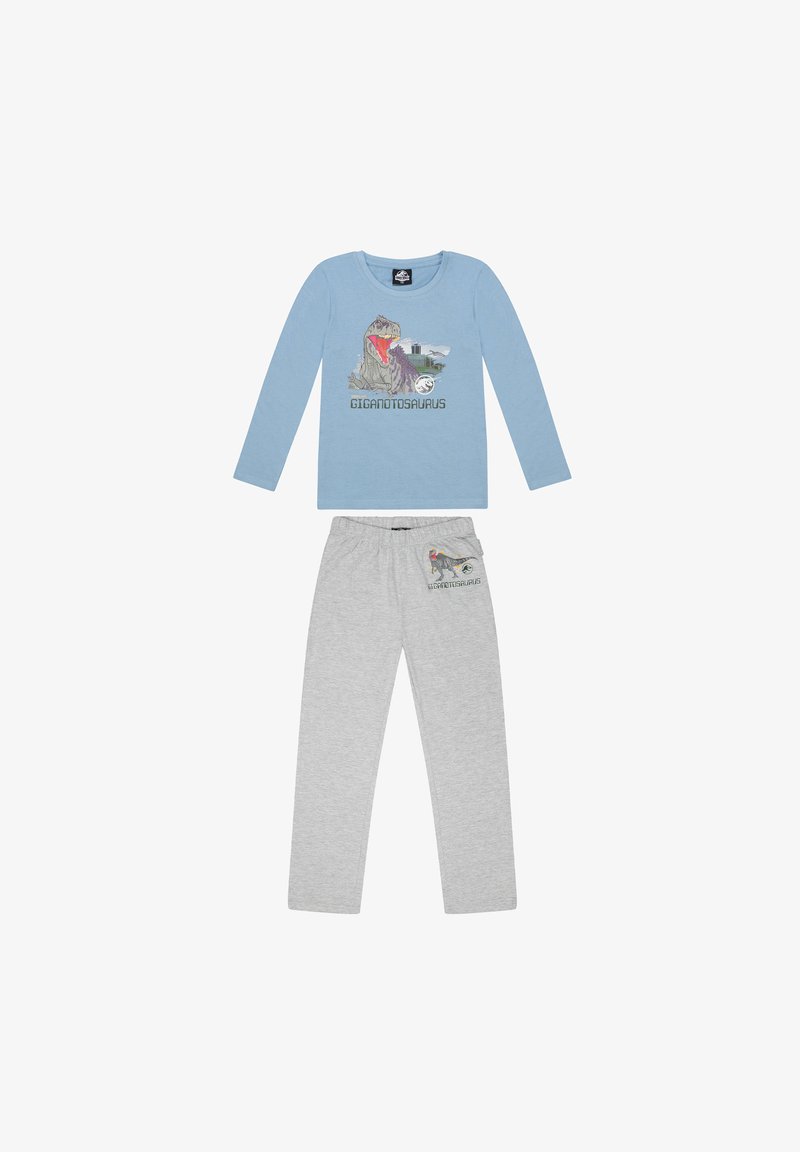 Camiseta de manga larga azul claro con un gráfico de dinosaurio y la palabra "GIGANOTOSAURUS"; pantalones grises con un gráfico a juego en el bolsillo.