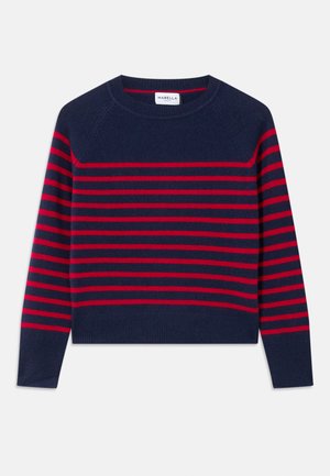 Navy blue sweater with red horizontal stripes, crew neck, and long raglan sleeves. Made from soft, textured fabric. Basic cropped design.