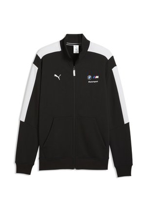 Musta-valkoinen urheilullinen vetoketjullinen takki, jossa Puma-logo oikeassa rinnassa ja BMW Motorsport -logo vasemmassa rinnassa.