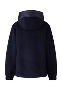 Granatowa polarowa kurtka z kapturem, posiadająca elastyczne mankiety i gładki materiał na kapturze. Prosty, funkcjonalny design.
