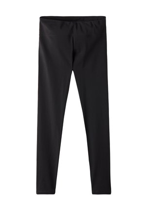 Svarta leggings med ett slätt, elastiskt material. Har en bred, elastisk midja och en åtsittande design som smalnar av vid anklarna.