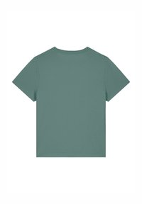 Korte mouwen, T-shirt met ronde hals in gedempt groen. Gemaakt van zachte stof met een gladde textuur. Geen zichtbare patronen of accenten.