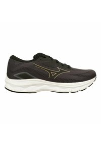 Scarpe athletic nere con una tomaia in mesh testurizzato, dettaglio del logo dorato e una suola intermedia con motivo a onde bianche. Punta arrotondata e suola robusta.