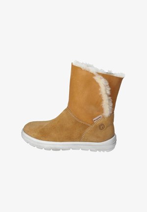 Hnědé semišové kotníkové boty s bílým umělým kožíškem uvnitř, bílou gumovou podrážkou a šitými akcenty. Boží štítek s logem značky na patě.