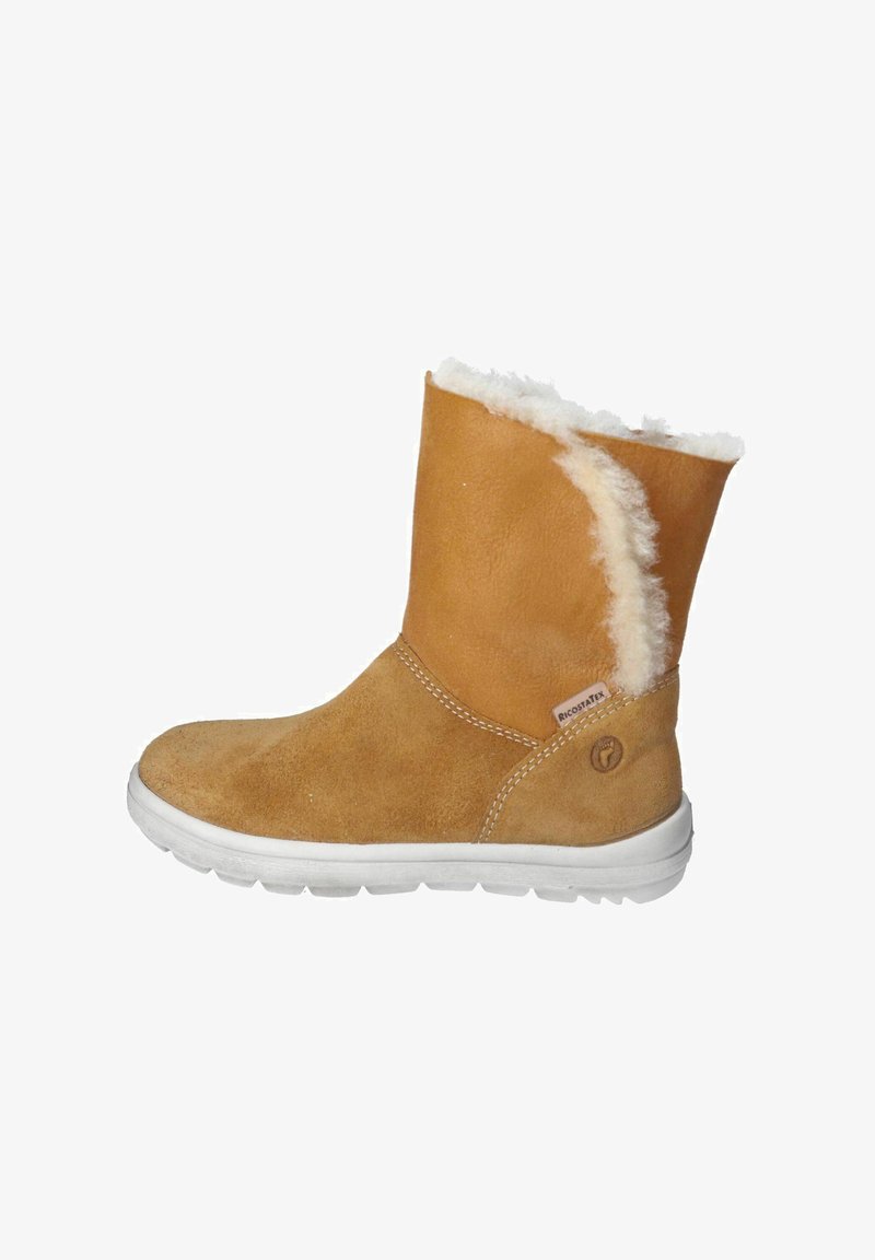 Stivale alla caviglia in suede color tortora con fodera in pelliccia sintetica bianca, suola in gomma bianca e dettagli cuciti. Etichetta laterale con logo del marchio sul tallone.