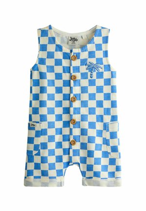 Bezrekawnikowy kombinezonik dziecięcy z niebiesko-białym wzorem w kratę, drewniane guziki z przodu, naszywane kieszenie oraz mała haftowana palma na piersi.