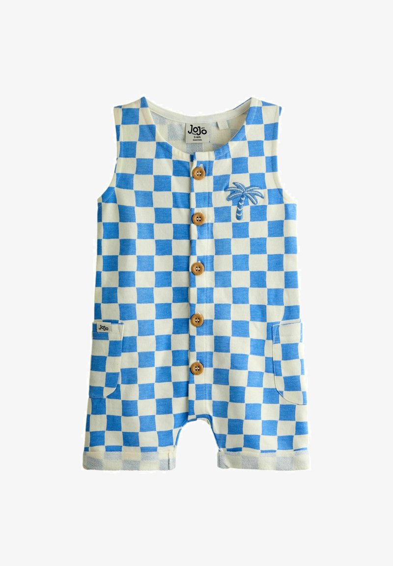 Pelele para bebé sin mangas con patrón de cuadros azul y blanco, botones de madera en la parte delantera, bolsillos tipo parche y pequeño bordado de palmera en el pecho.