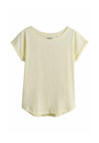 Gul T-shirt med korte ærmer lavet af blød bomuld. Har en rund halsudskæring og en let buet kant for en afslappet pasform.