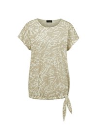 Lichtbeige t-shirt met een subtiele dierenprints, korte mouwen en een gerimpelde zijkant met een strikdetail. Zachte, gestructureerde stof.
