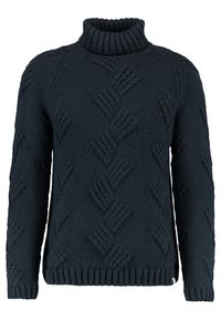 Dunkelblau gestrickter Pullover mit hohem, geripptem Rollkragen, der ein strukturiertes Rautenmuster sowie gerippte Bündchen und Saum aufweist.