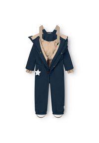 Navyblauer wasserdichter Overall mit beigem Innenfutter, inklusive Kapuze, elastischen Bündchen und einem weißen Sterneakzent auf der Vorderseite. Glatte Textur, praktisches Design.