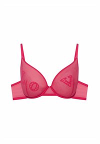 Różowy przezroczysty biustonosz z trójkątnymi miseczkami. Posiada wzory 'L', 'O' i 'V' na miseczkach, regulowane ramiączka oraz gładki pas dla wsparcia.