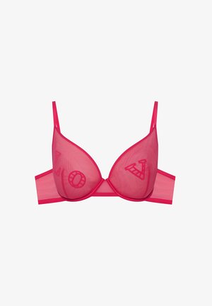 Różowy przezroczysty biustonosz z trójkątnymi miseczkami. Posiada wzory 'L', 'O' i 'V' na miseczkach, regulowane ramiączka oraz gładki pas dla wsparcia.