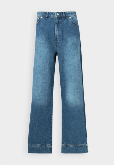 Jeans din denim albastru, cu picior larg și talie înaltă, având buzunare frontale, închidere cu buton și decolorare ușoară pe coapse.